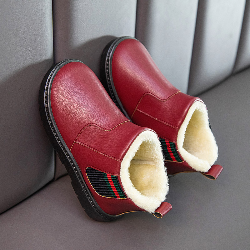 儿童雪地靴保暖防滑皮面防水雪地靴女童男童棉靴加厚加小学生短靴