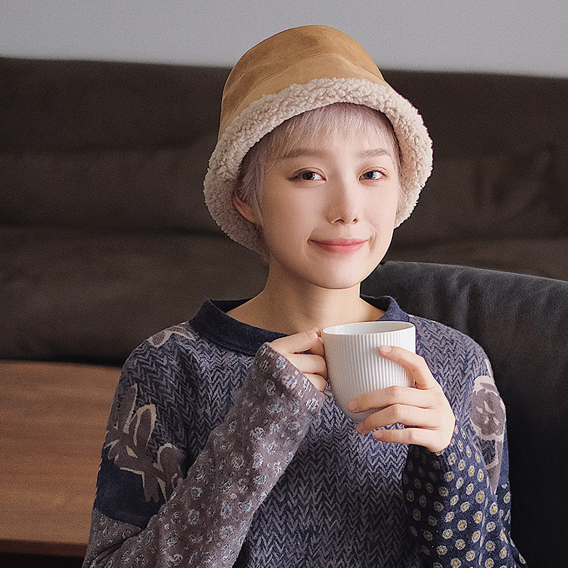 Lion~秋冬日本设计羊羔毛麂皮绒渔夫帽盆帽休闲保暖牛油果绿,淘宝优惠券,粉丝福利购,淘宝优惠卷