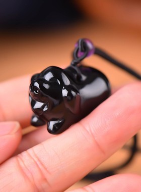 2026天然水晶黑曜石猪吊坠十二生肖黑色小猪挂件黑耀石玉石项炼男