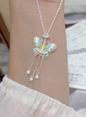 2026新款仙女新中式彩色蝴蝶流苏锁骨链汉服搭配旅游拍照清新甜美