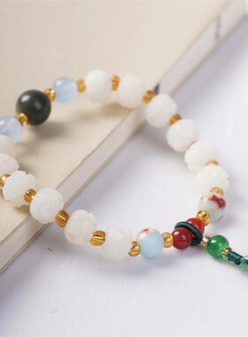 2026寺院新款白玉莲花菩提根手串雕刻莲蓬挂坠配饰佛珠手链中国风