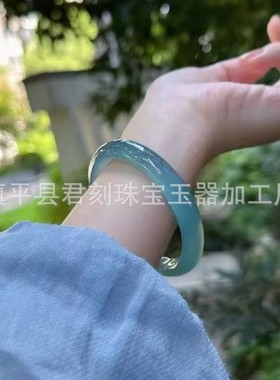 2026库里蓝高冰种玉髓玛瑙手镯马料正圈晴水蓝玉镯远山黛天然手镯