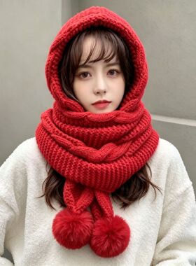 韩版毛线帽子女秋冬百搭连围巾一体帽可爱毛球护耳加厚保暖针织帽