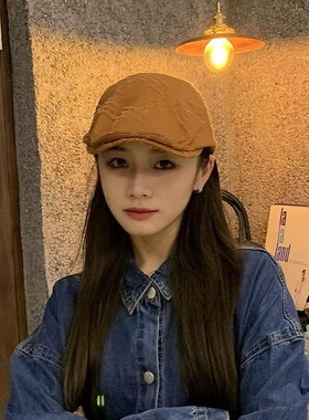 日系复古纯棉前进帽韩版isn磨毛做旧百搭鸭舌帽四季遮阳贝雷帽女