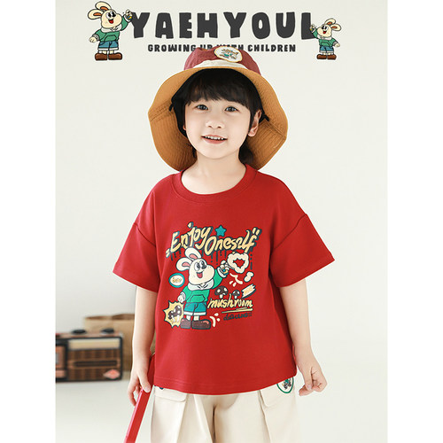 幼悠 男童2026夏季新款美式复古卡通短袖圆领T恤休闲百搭儿童上衣 - 图2
