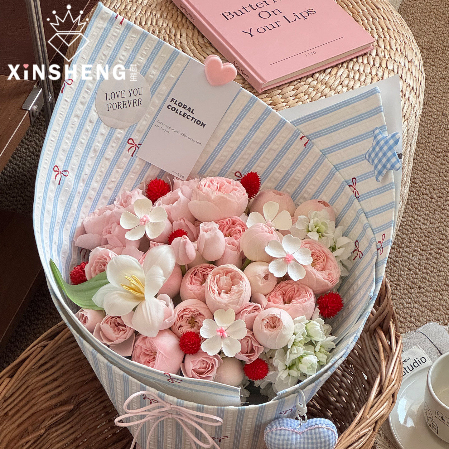 【2.14情人节】芯苼 韩风条纹蝴蝶结布料鲜花束diy精致条纹包花布,淘宝优惠券,粉丝福利购,淘宝优惠卷