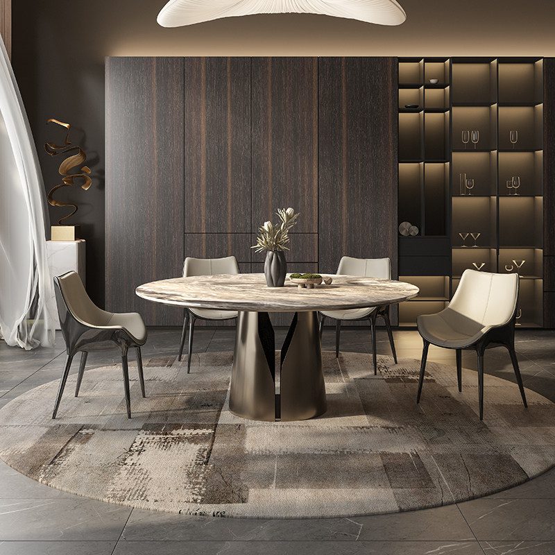 广巢 意式极简大理石面圆餐桌高端不锈钢底座家用圆形餐桌椅组合B,淘宝优惠券,粉丝福利购,淘宝优惠卷