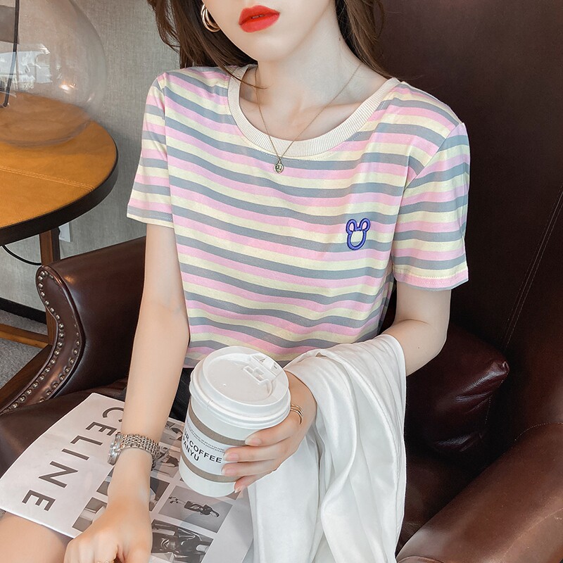 韩国纯棉彩虹条纹女短袖2022 t恤 haadidT恤