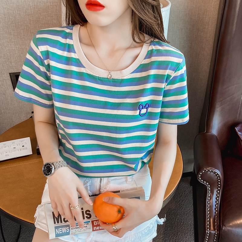 韩国纯棉彩虹条纹女短袖2022 t恤 haadidT恤