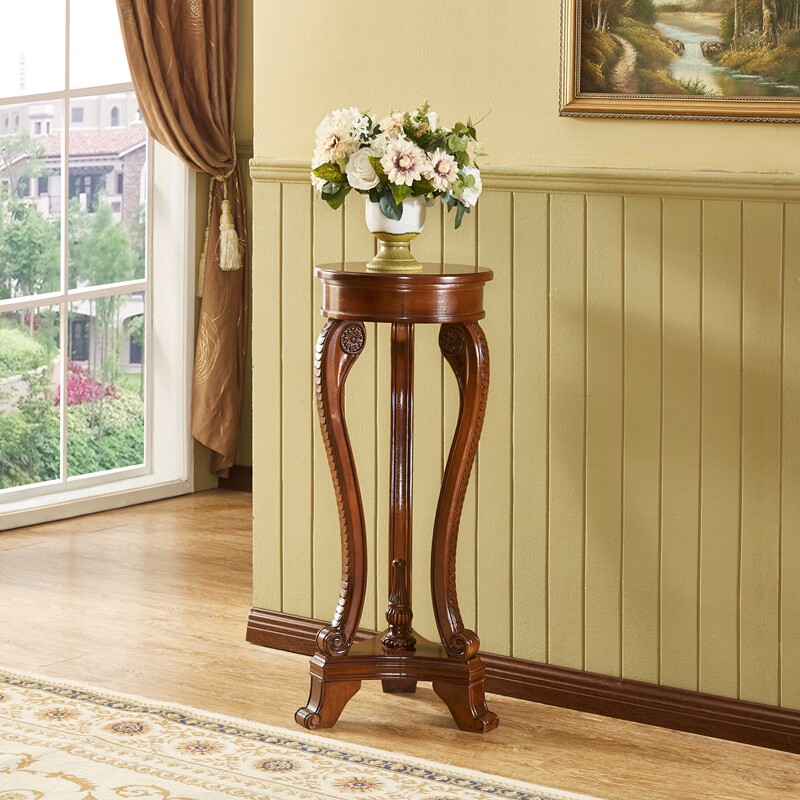 美式全实木三角盆栽花架欧式复古门客厅落地圆花几雕花盆景置物架 月都巷