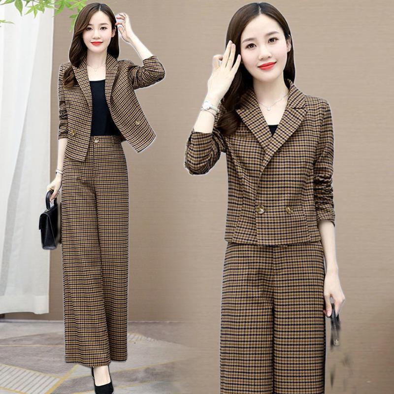 2024春秋新款女装套裤时尚气质千鸟格休闲阔腿裤西装套装女两件套,淘宝优惠券,粉丝福利购,淘宝优惠卷