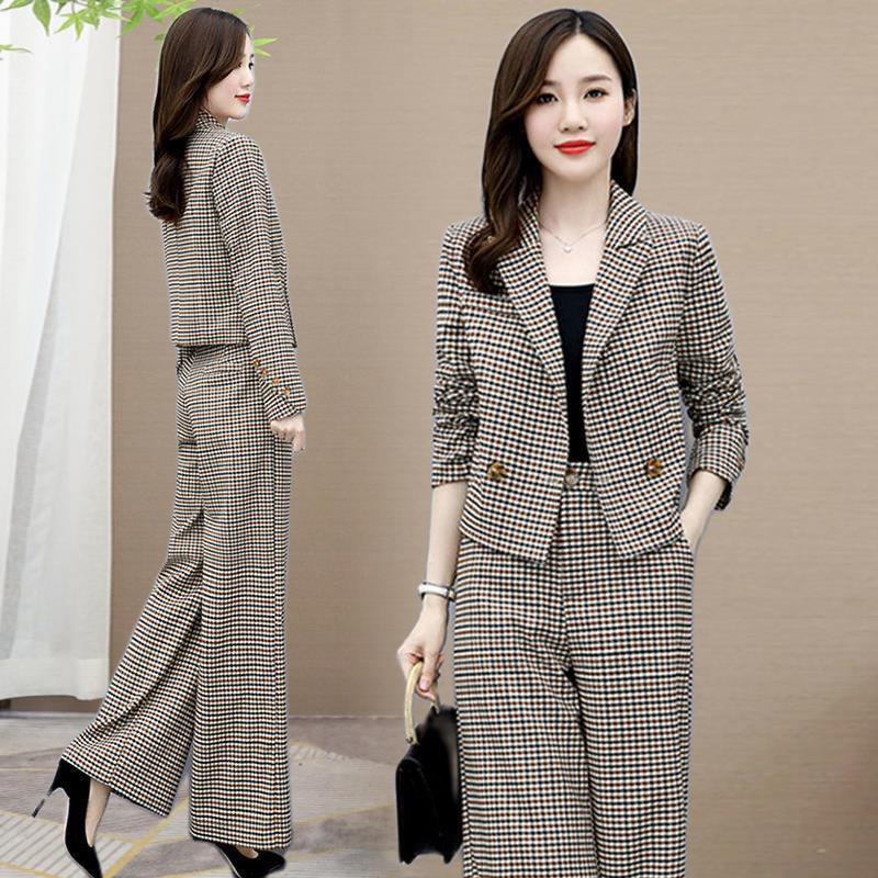 2024春秋新款女装套裤时尚气质千鸟格休闲阔腿裤西装套装女两件套,淘宝优惠券,粉丝福利购,淘宝优惠卷
