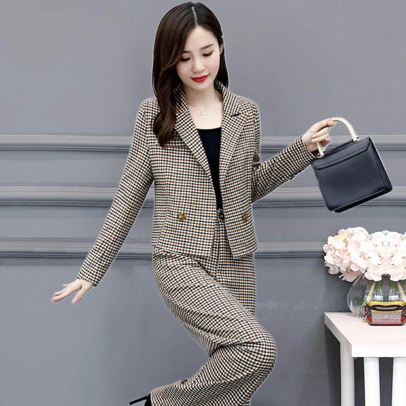 2024春秋新款女装套裤时尚气质千鸟格休闲阔腿裤西装套装女两件套,淘宝优惠券,粉丝福利购,淘宝优惠卷