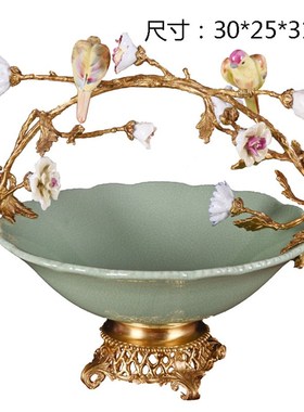 新款欧式绿色冰i裂纹陶瓷配铜花瓶纸巾盒法式宫廷客厅玄关壁炉高