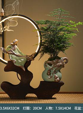 新款新中式禅意办公室绿植装饰z品家居客厅玄关书桌面陶瓷灯圈摆