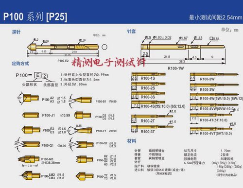 华荣探针P100-B1尖头测试针伸缩探针弹簧顶针PCB探针1.36x33.35mm - 图2
