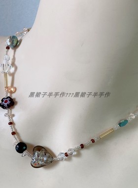 新款重工古董珠不规则小众设计感清冷感项链爱心水晶花朵vintage