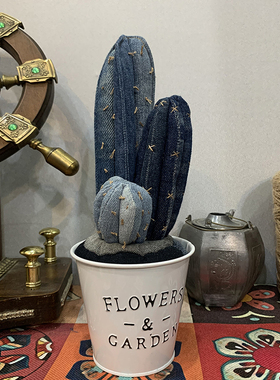 创意牛仔仙人掌盆栽造景组合摆件手工布艺活性炭办公室桌面装饰品