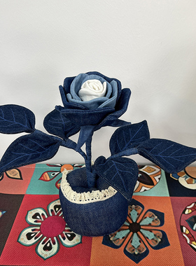 创意手工牛仔玫瑰布艺盆花摆件