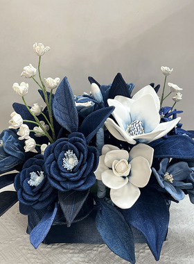 纯手工牛仔艺术插花盆花桌面摆件