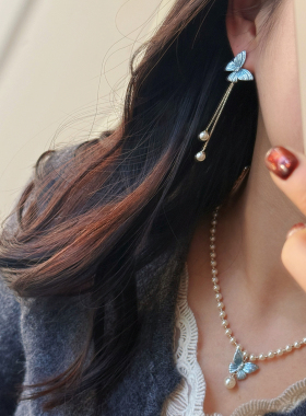 复古少女蓝色蝴蝶珍珠项链套装