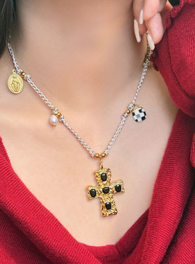 老钱风十字架彩钻钛钢编织绳项链