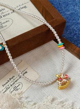 马上有钱滴油摇马珍珠项链耳环