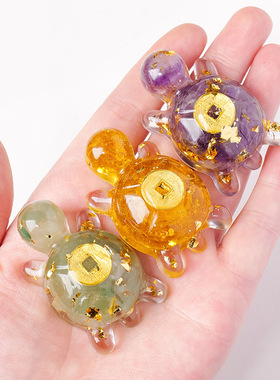 水晶碎石滴胶招财金钱龟小乌龟对对碰玩具家居装饰摆件粉水晶彩色