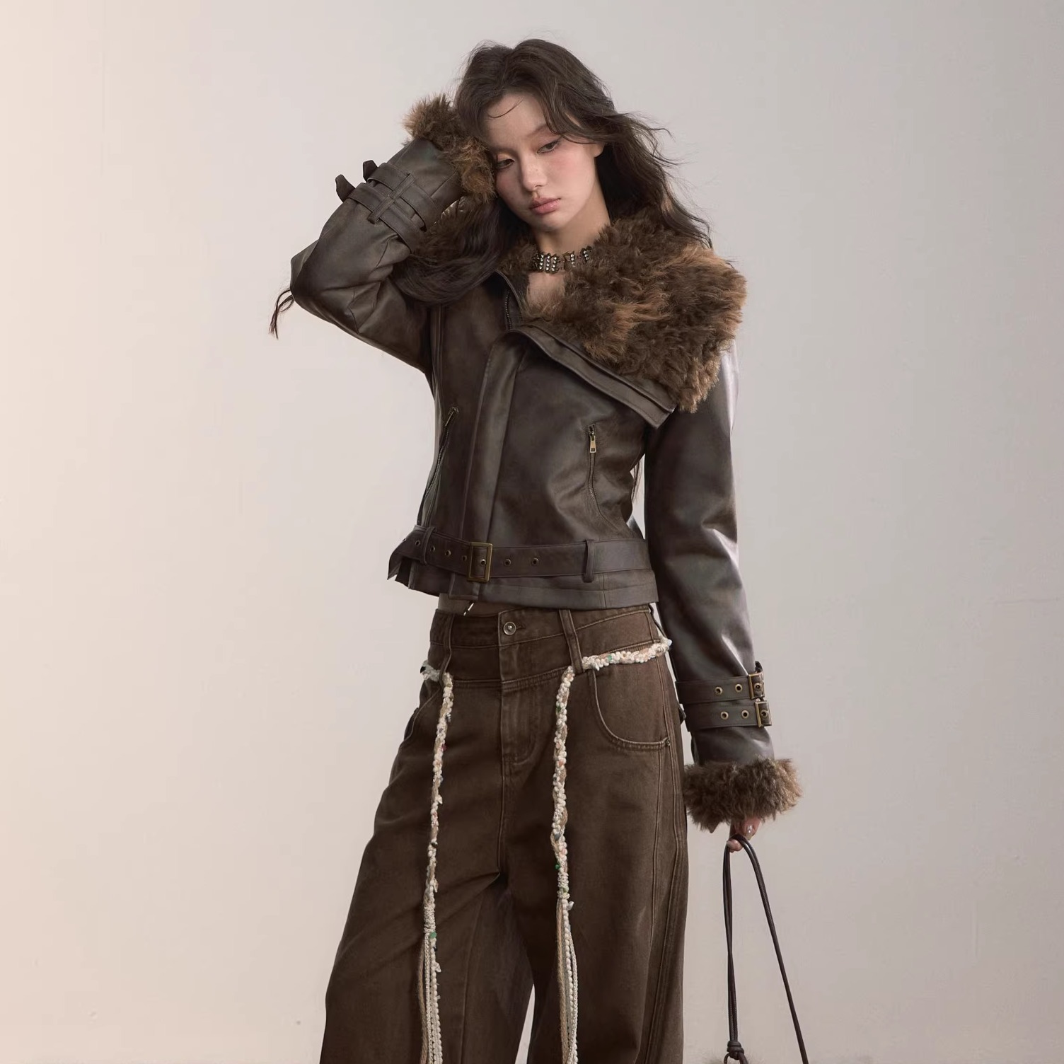 VIAPITTI 25AW 重工设计感大毛领加厚PU皮夹克外套 - 图0