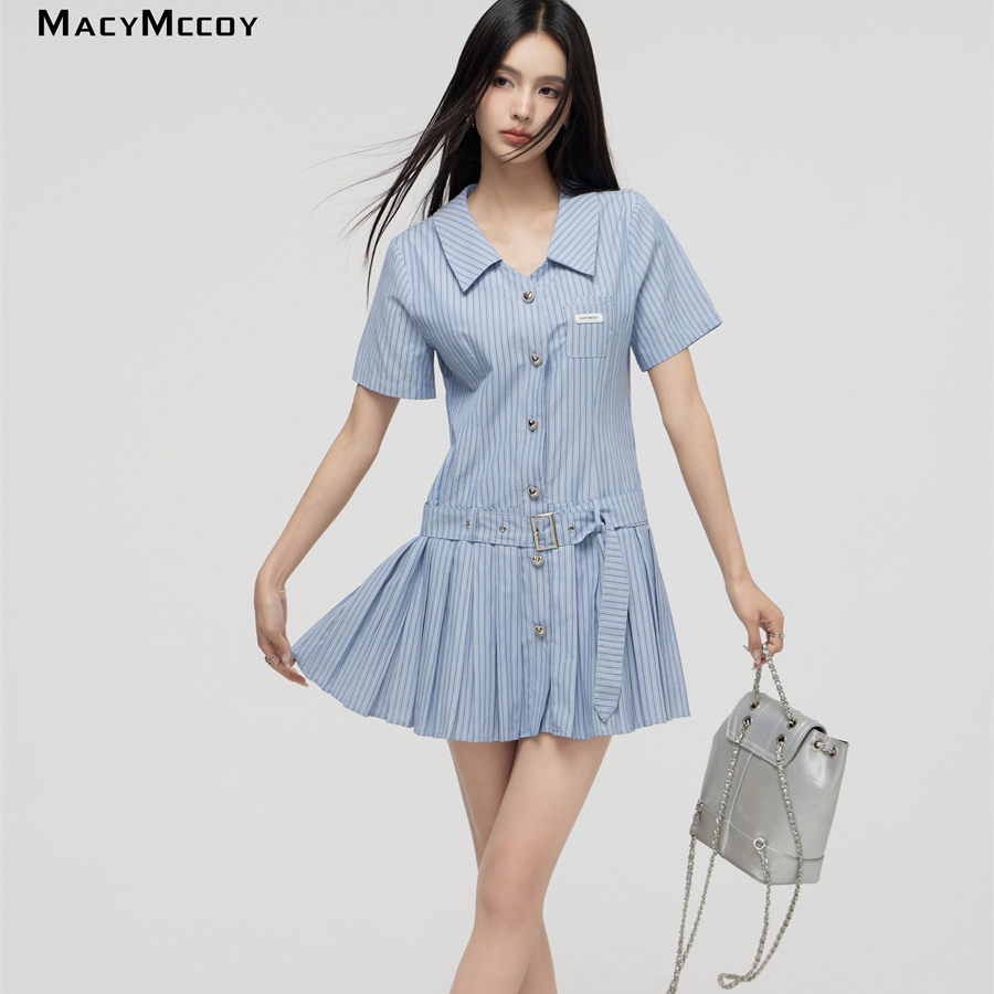 【清货折L】Macy Mccoy 2023春夏新款系带条纹衬衫裙百搭高级-图2