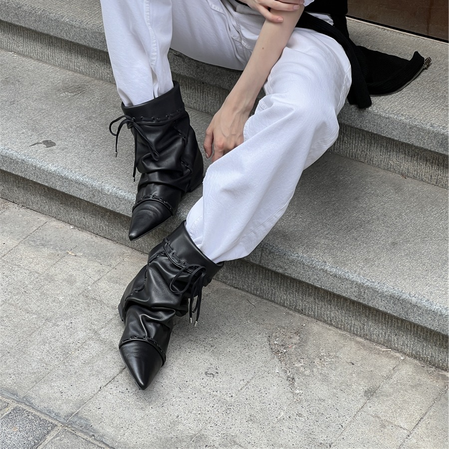 unfolio25早秋新款堆叠感踝靴可折叠两穿尖头短靴百搭堆堆靴子 - 图1