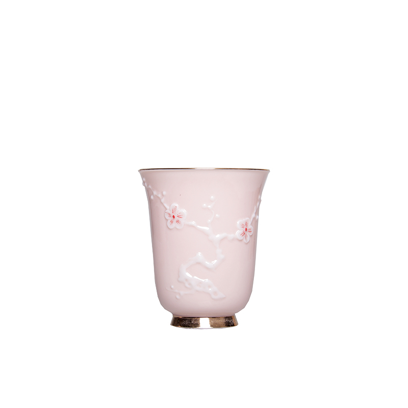 堆白粉色梅花茶杯陶瓷主人杯中式禅定品茗杯闻香杯碟女性个人单杯