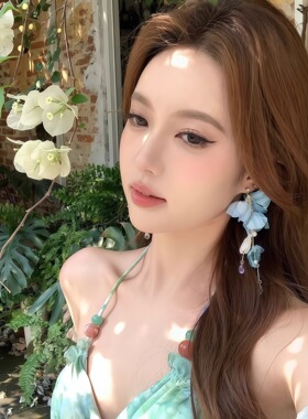 S925银针蓝色花朵流苏耳环