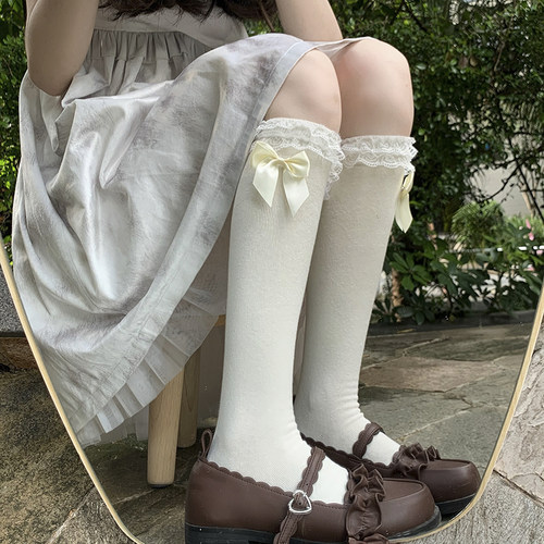 日系蕾丝蝴蝶结半截中筒女袜Lolita花边少女可爱百搭软妹jk小腿袜 - 图2