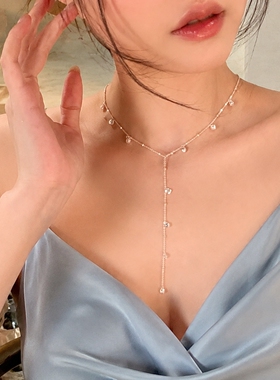 不掉色碎钻流苏Y型锁骨项链女