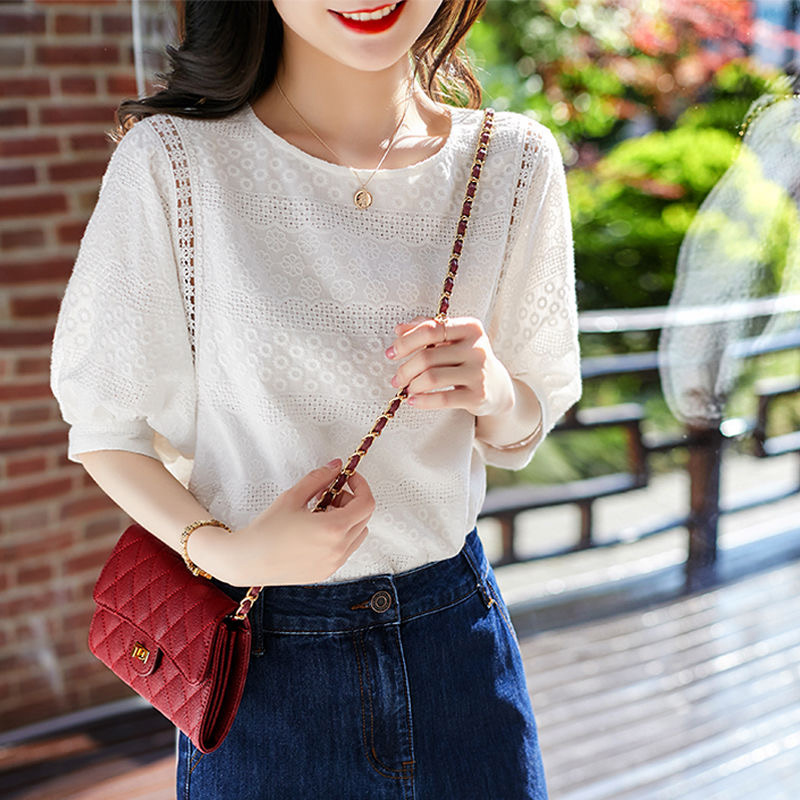 蕾丝雪纺衫女夏季短袖2023新款宽松显瘦镂空小衫纯棉泡泡袖上衣潮