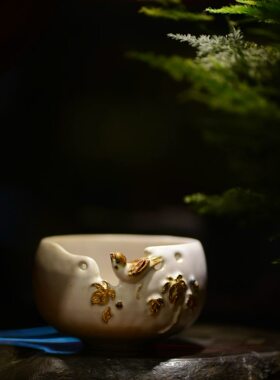 手握杯花器摆件台湾李秀英手工陶土制翠鸟荷花 白头翁 博茶堂茶具