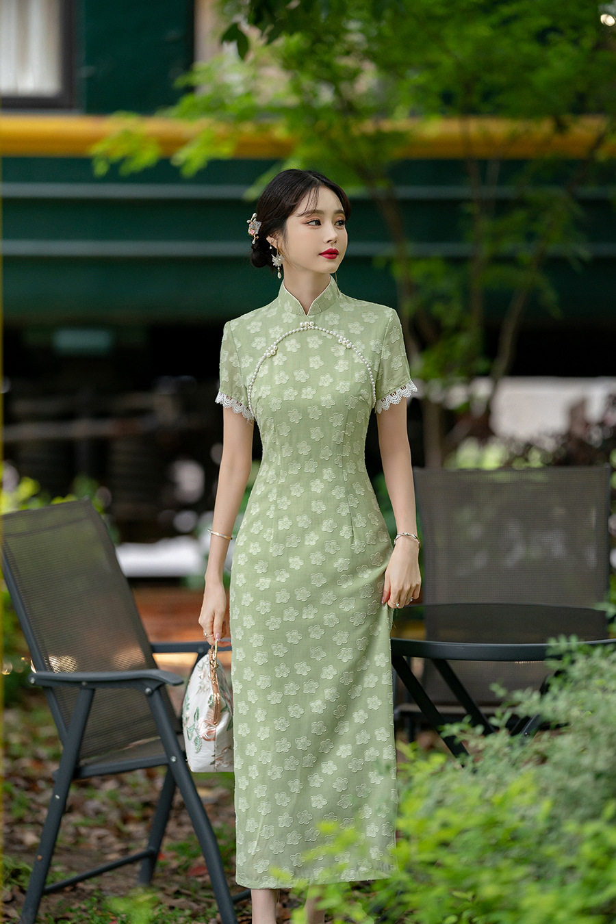 民国风高端气质优雅长款旗袍裙清新绿色夏季新款年轻款少女高级感