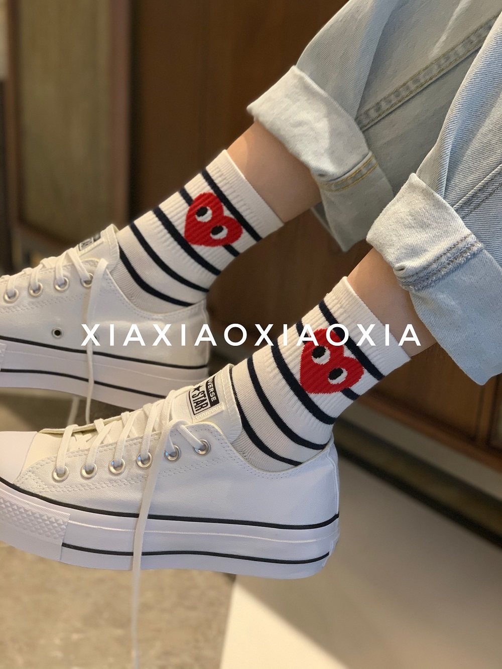 【满五双包邮】韩国中筒袜爱心眼睛条纹棉袜红色本命年喜庆女袜,淘宝优惠券,粉丝福利购,淘宝优惠卷