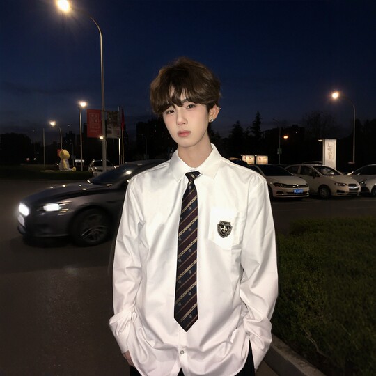 DK Uniform Japanese Basic Solid Color Men's Long Sleeve Shirt Black and White College Style Top Student Shirt