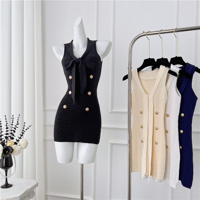 Xiaoxiang Celebrity Heavy Industry Jacquard Ribbon Slim Fit Hip Sleeveless Dress Knitted Women's Short Skirt Temperament Style High-end