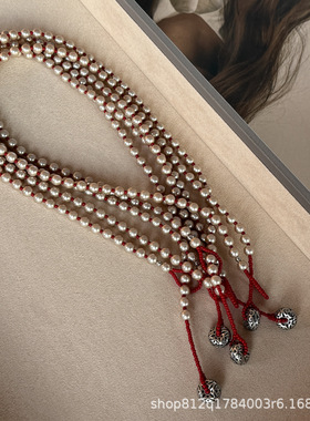 新年红色香槟金细闪珍珠串珠项链百搭做旧风吊坠一款多戴式锁骨链