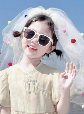 多巴胺头纱儿童女童彩色球球拍照道具求婚领证头饰公主小女孩宝宝