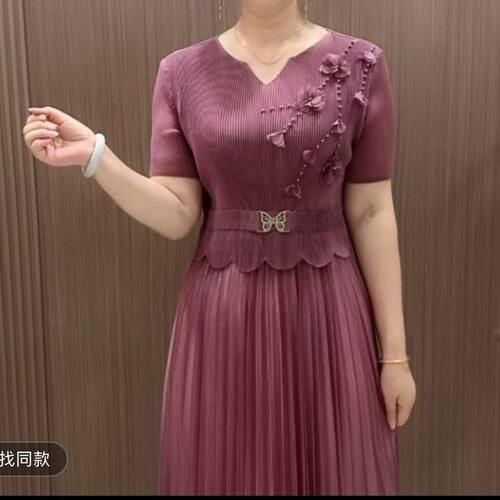 立体花朵褶皱假两件连衣裙2026新款中长款时尚气质显瘦百褶裙超仙 - 图1