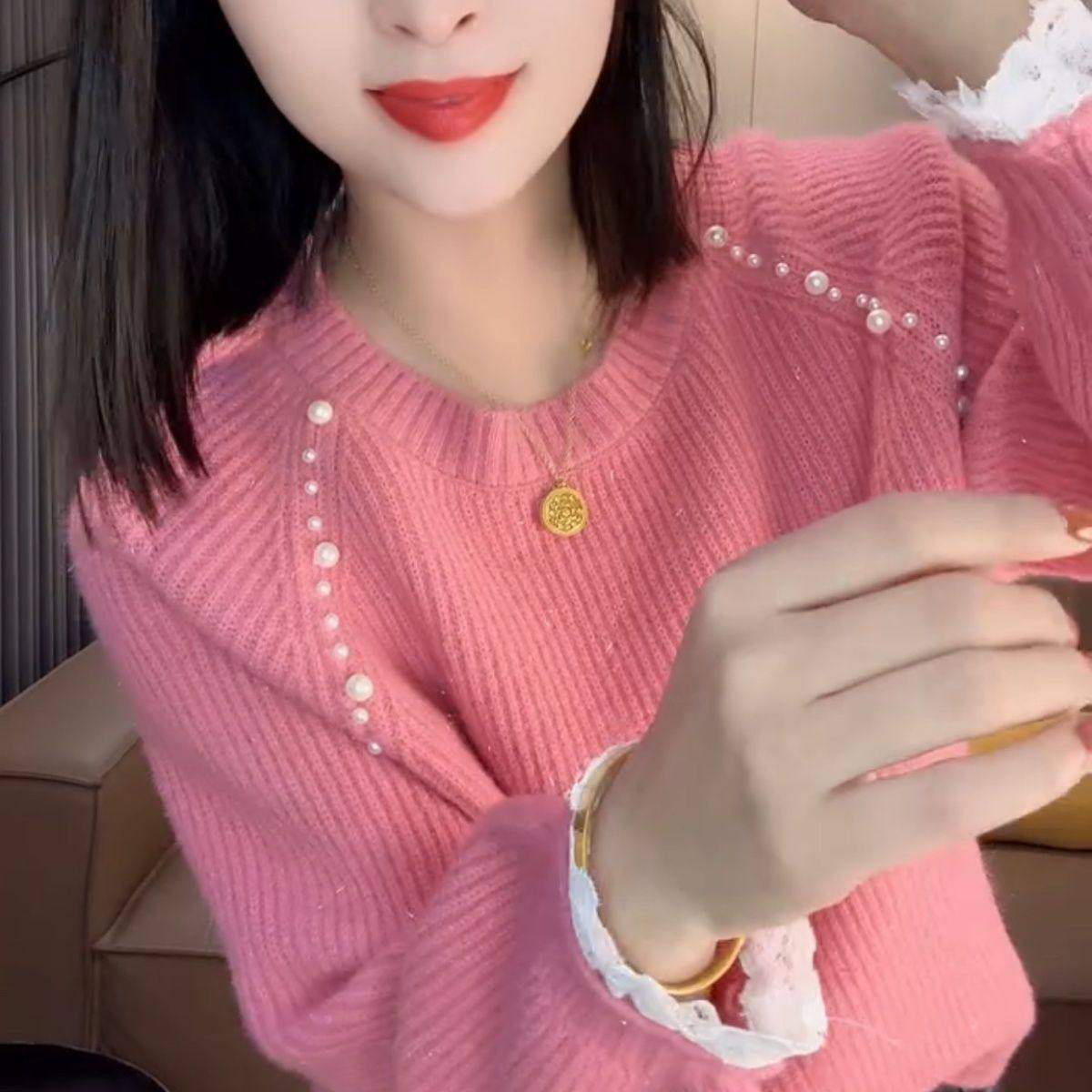 洋气2025秋冬新款慵懒毛衣气质宽松钉珠上衣打底圆领针织衫,淘宝优惠券,粉丝福利购,淘宝优惠卷