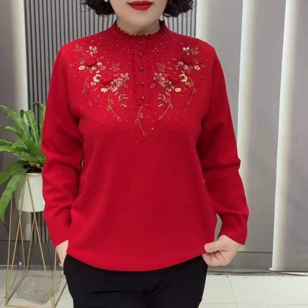 妈妈秋季提花镶钻毛衣长袖旗袍领针织衫中老年女本命年红色打底衫,淘宝优惠券,粉丝福利购,淘宝优惠卷