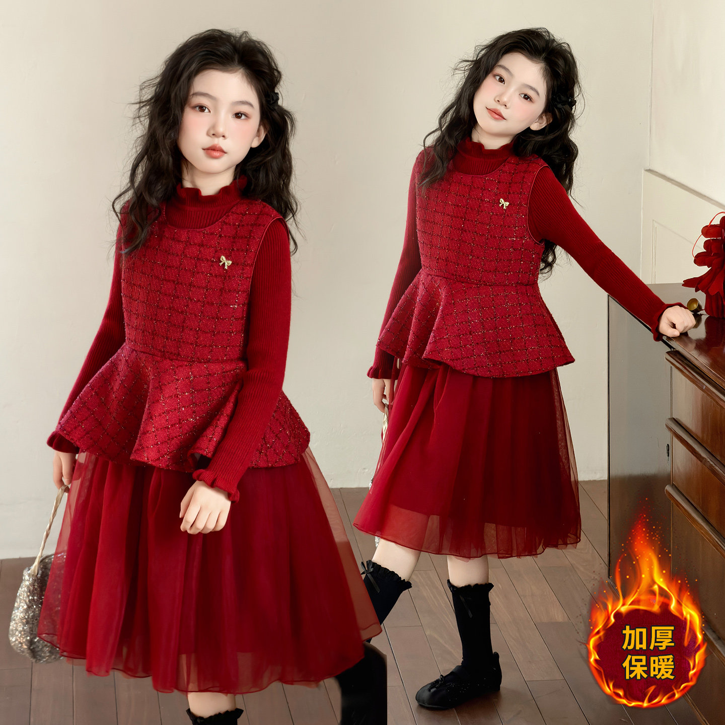 女童拜年服2026新款过年时髦女孩公主连衣裙儿童冬装新年圣诞礼服,淘宝优惠券,粉丝福利购,淘宝优惠卷