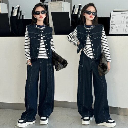 女童牛仔套装2026春秋新款时髦儿童中大童牛仔裤打底衫马甲三件套 - 图0