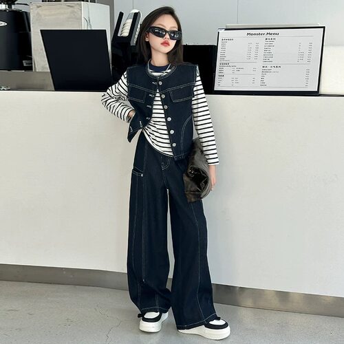 女童牛仔套装2026春秋新款时髦儿童中大童牛仔裤打底衫马甲三件套 - 图3