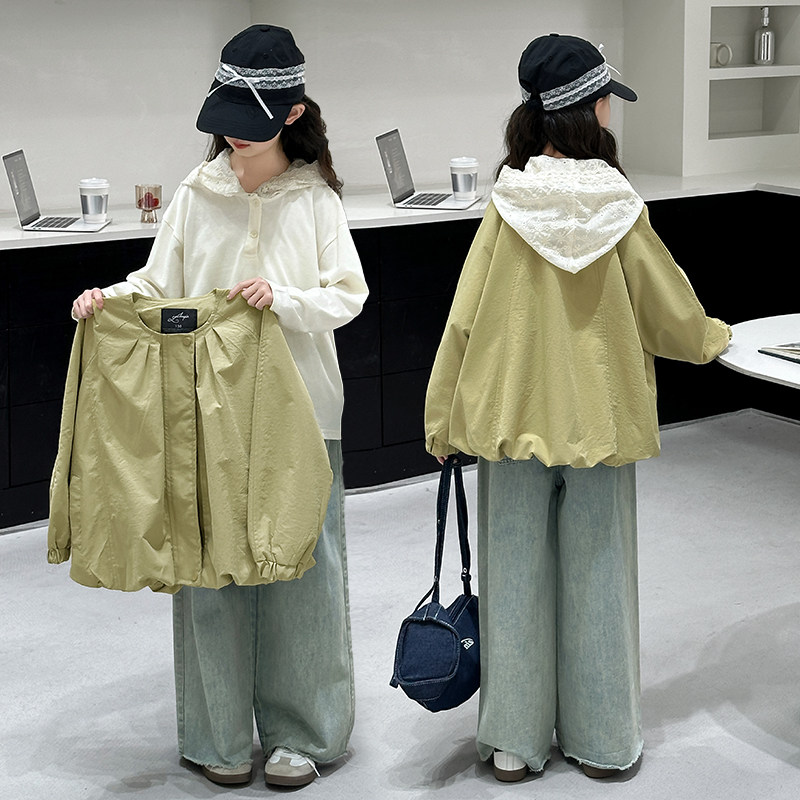 女童风衣外套2026春秋季新款女孩蕾丝卫衣夹克两件套女孩韩版上衣,淘宝优惠券,粉丝福利购,淘宝优惠卷